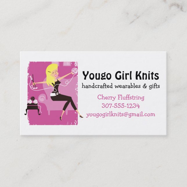 Happy retro blonde girl knitting needles yarn business card (Front)