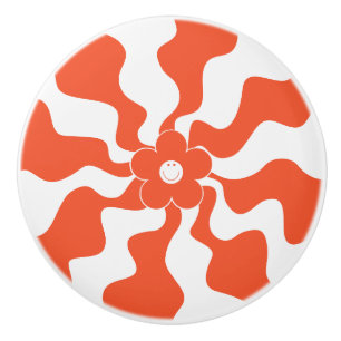 Happy Retro Daisy in Orange and White Ceramic Knob