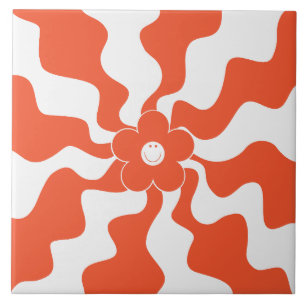 Happy Retro Daisy in Orange and White  Ceramic Tile