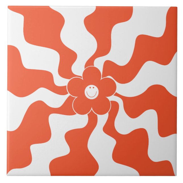 Happy Retro Daisy in Orange and White  Ceramic Tile (Front)