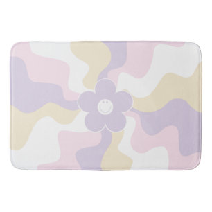 Happy Retro Daisy - Pastel Pink, Yellow and Purple Bath Mat