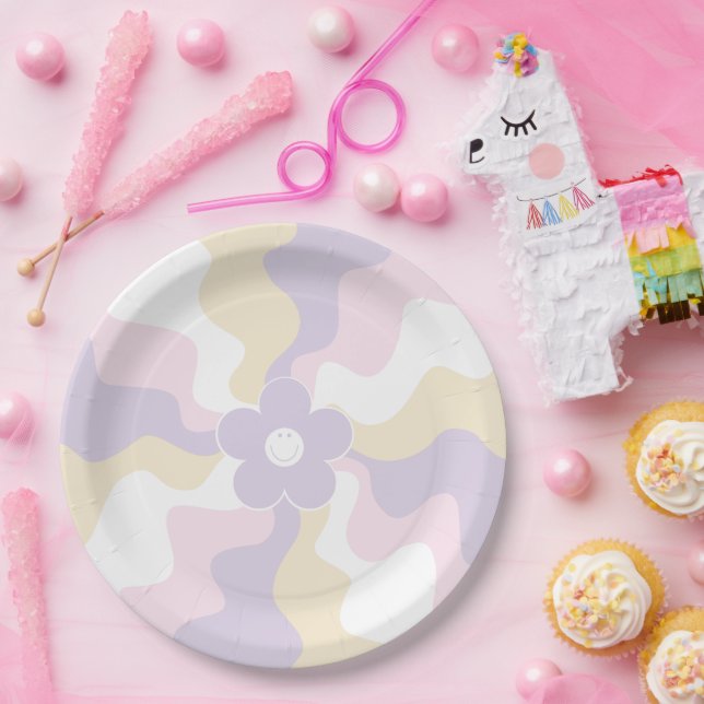 Happy Retro Daisy - Pastel Pink, Yellow and Purple Paper Plate (Party)