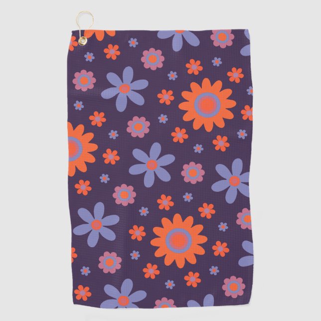  Happy Retro Flowers Cute 70s Hippie Daisy Pattern Golf Towel (Front)