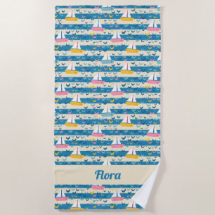 Happy retro pink sailing boats on blue stripes beach towel
