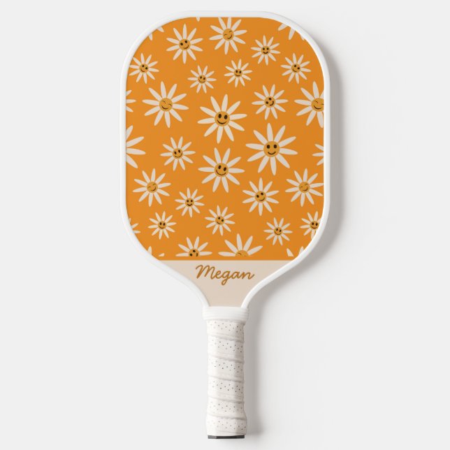 Happy Retro Smiling Daises pattern custom name Pickleball Paddle (Front)
