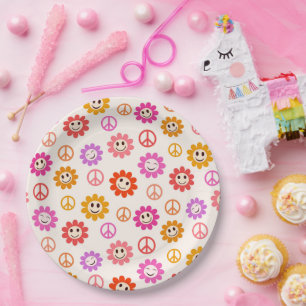 Happy Retro Smiling Flowers with peace signs  Paper Plate