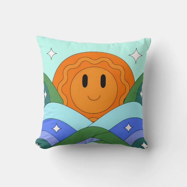 Happy Retro Sun Over Rolling Hills Cushion (Front)