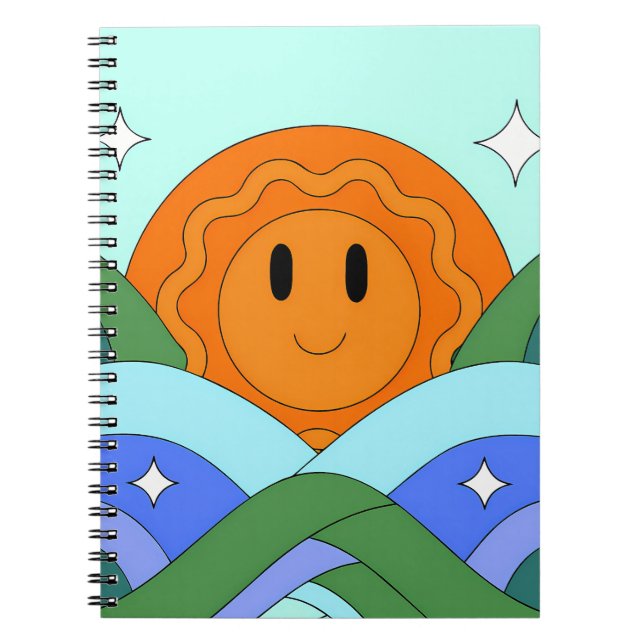 Happy Retro Sun Over Rolling Hills Notebook (Front)
