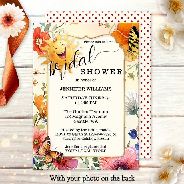 Happy Retro Wildflower Watercolor Bridal Shower Invitation (Bridal shower photo invitation featuring watercolor wildflowers and a happy laughing sun)