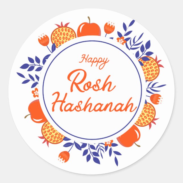 happy rosh hashanah,jewish holiday orange blue classic round sticker (Front)