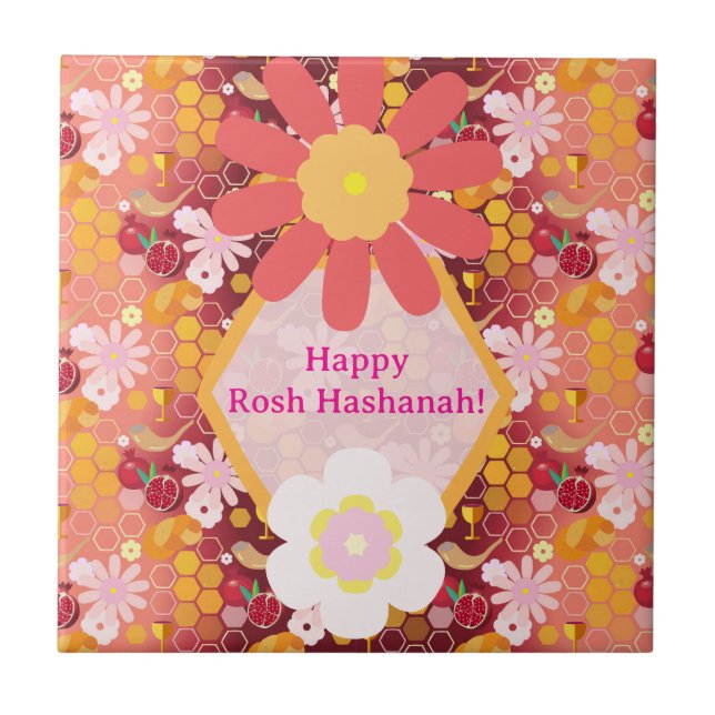 Happy Rosh Hashanah Jewish New Year Floral Pattern Ceramic Tile (Front)