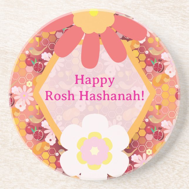 Happy Rosh Hashanah Jewish New Year Floral Pattern Coaster (Front)