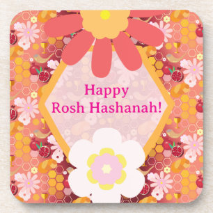Happy Rosh Hashanah Jewish New Year Floral Pattern Coaster