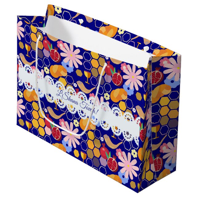 Happy Rosh Hashanah Jewish New Year Floral Pattern Large Gift Bag (Front Angled)