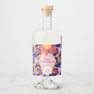 Happy Rosh Hashanah Jewish New Year Floral Pattern Liquor Bottle Label