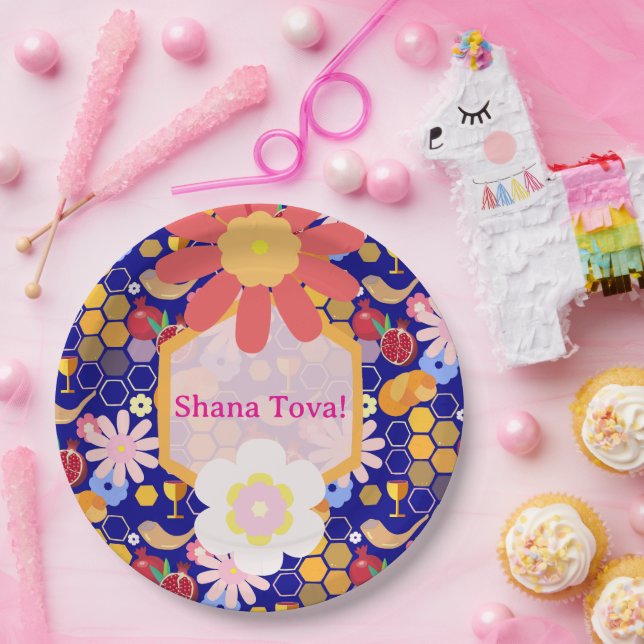 Happy Rosh Hashanah Jewish New Year Floral Pattern Paper Plate (Party)