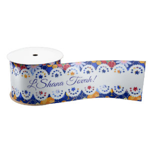 Happy Rosh Hashanah Jewish New Year Floral Pattern Satin Ribbon