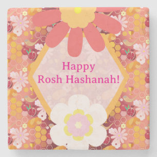 Happy Rosh Hashanah Jewish New Year Floral Pattern Stone Coaster