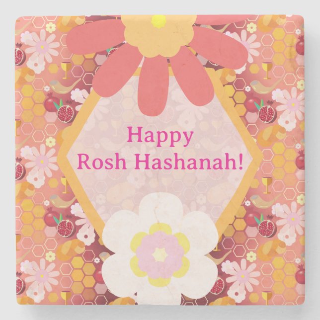 Happy Rosh Hashanah Jewish New Year Floral Pattern Stone Coaster (Front)