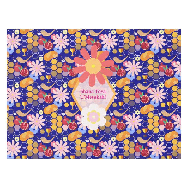 Happy Rosh Hashanah Jewish New Year Floral Pattern Tablecloth (Front (Horizontal))