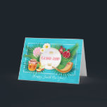 Happy Rosh Hashanah Jewish New Year Greeting Card<br><div class="desc">Happy Rosh Hashanah Hebrew Text "shana tova" Jewish New Year Holiday symbols greeting card. Torah,  Honey and apple,  shofar,  pomegranate,  star of David on wood background,  Rosh hashana,  traditional fruits,  autumn,  sukkot. Judaica. Hand Drawn. Invitations & Stationery > Greeting Cards,  seasonal</div>