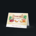 Happy Rosh Hashanah Jewish New Year Greeting Card<br><div class="desc">Happy Rosh Hashanah Hebrew Text "shana tova" Jewish New Year Holiday symbols greeting card. Torah,  Honey and apple,  shofar,  pomegranate,  star of David,  Rosh hashana traditional fruits autumn,  sukkot. Judaica. Invitations & Stationery > Greeting Cards,  seasonal</div>
