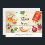 Happy Rosh Hashanah Jewish New Year Greeting Card<br><div class="desc">Happy Rosh Hashanah Hebrew Text "Shana Tova" Jewish New Year Holiday symbols greeting card. Torah,  Honey and apple,  shofar,  pomegranate,  star of David,  Rosh hashana traditional fruits autumn,  sukkot. Judaica. Invitations & Stationery > Greeting Cards,  seasonal</div>