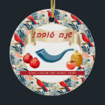 Happy Rosh Hashanah Jewish New Year Honey & Apple  Ceramic Ornament<br><div class="desc">Happy Rosh Hashanah. Hebrew Text "shana tova ve metuka" - for a good, sweet year. Jewish New Year Holiday symbols greeting, Greeting - card / Invitation. Torah, Honey and apple, shofar, pomegranate, star of David and flowers and red birds background, Happy Rosh Hashana, traditional fruits, pomegranates, autumn, Sukkot. Judaica. Personalised...</div>