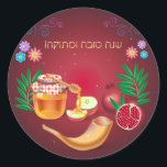 Happy Rosh Hashanah Jewish New Year Honey & Apple Classic Round Sticker<br><div class="desc">Happy Rosh Hashanah Jewish New Year Holiday symbols. Torah,  Honey and apple,  shofar,  pomegranate,  star of David,  gold honeycomb background,  Rosh hashana,  traditional fruits,  floral frame,  vintage,  autumn,  sukkot. Judaica. Hand Drawn Watercolor. Crafts & Party Supplies > Gift Wrapping Supplies > Stickers & Labels,  seasonal.</div>