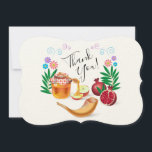 Happy Rosh Hashanah Jewish New Year Honey & Apple Thank You Card<br><div class="desc">Happy Rosh Hashanah Jewish New Year Holiday symbols greeting,  Thank You - card. Torah,  Honey and apple,  shofar,  pomegranate,  star of David on wood background,  Rosh hashana,  traditional fruits,  autumn,  sukkot. Judaica. Hand Drawn Watercolor. Invitations & Stationery > Greeting Cards,  Thank You,  seasonal. Include - Custom Text Template</div>