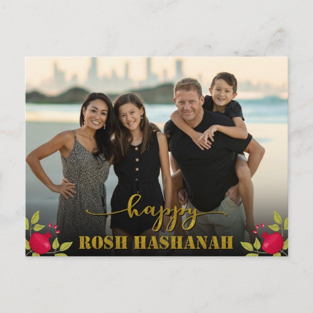 Happy Rosh Hashanah Luxury Gold Script Photo Holiday Postcard (Front)