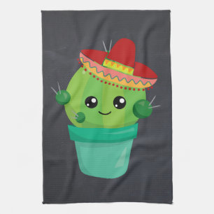 Happy Round Cactus Wearing a Red Sombrero Tea Towel