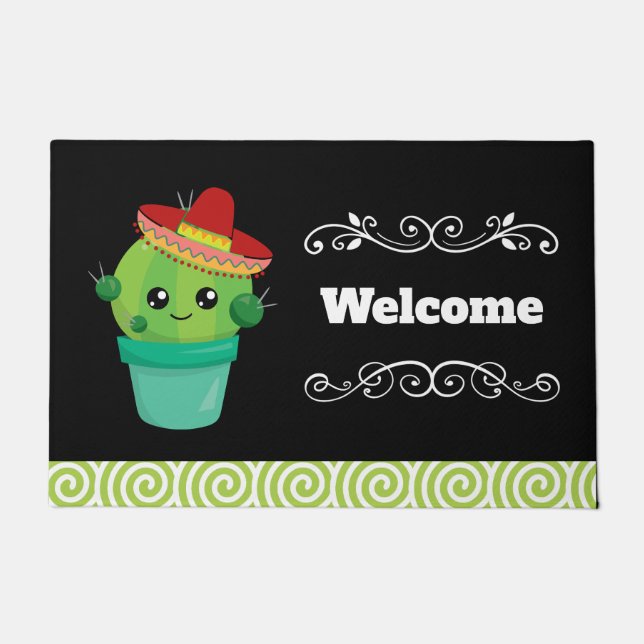 Happy Round Cactus Wearing a Red Sombrero Welcome Doormat (Front)