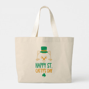 Happy Saint Catty’s Day - Cute Cat Leprechaun Large Tote Bag