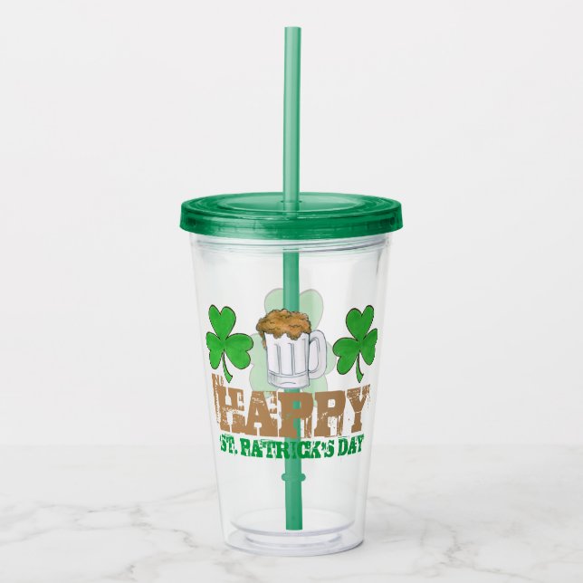 Happy Saint Patrick's Day Green Shamrock Beer Acrylic Tumbler (Front)