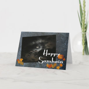 Happy Samhain/Full Moon, Bats, Pumpkins, Leaves Card