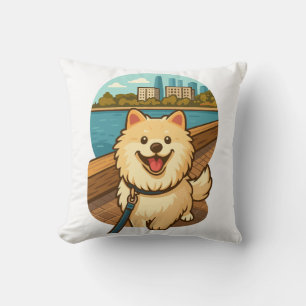 Happy Samoyed Walk by the City Waterfront Cushion