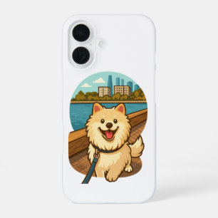Happy Samoyed Walk by the City Waterfront iPhone 16 Case
