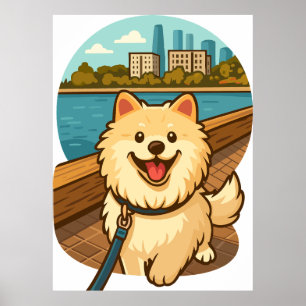 Happy Samoyed Walk by the City Waterfront Poster