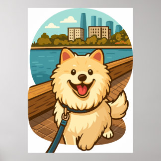 Happy Samoyed Walk by the City Waterfront Poster