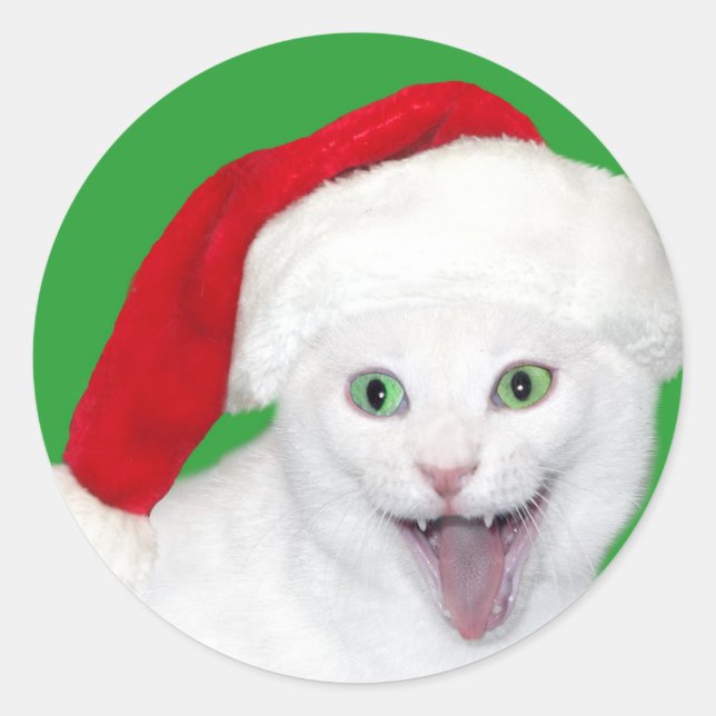 Happy Santa Cat Classic Round Sticker (Front)
