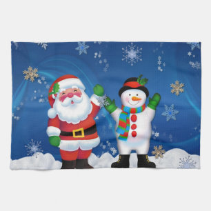 Happy Santa Claus and Snowman Tea Towel
