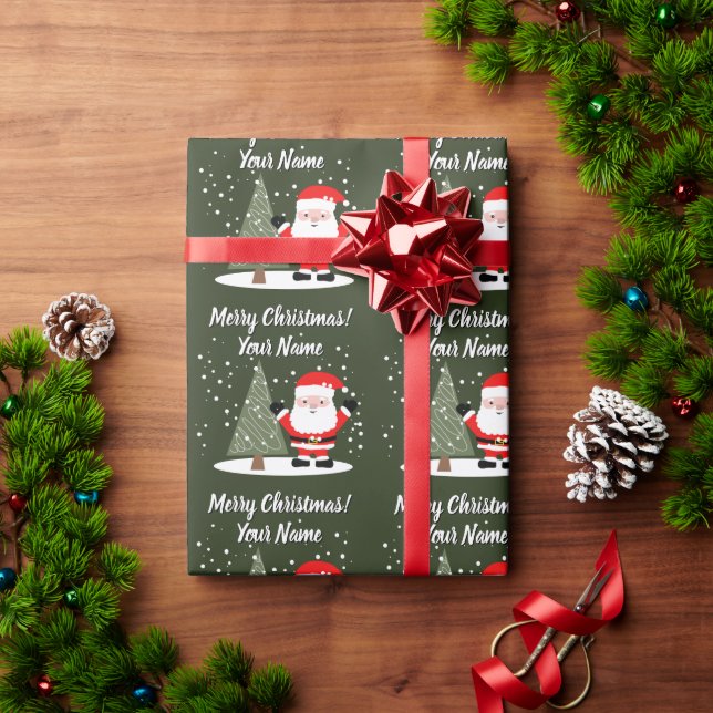 Happy Santa Claus cartoon with Christmas tree kids Wrapping Paper (Holiday Gift)