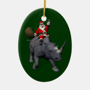 Happy Santa Claus On Rhino Rhinoceros Ceramic Ornament