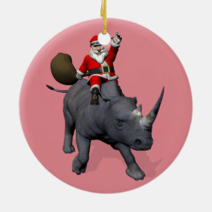 Happy Santa Claus On Rhino Rhinoceros Ceramic Ornament