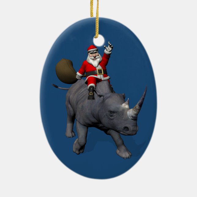 Happy Santa Claus On Rhino Rhinoceros Ceramic Ornament (Back)