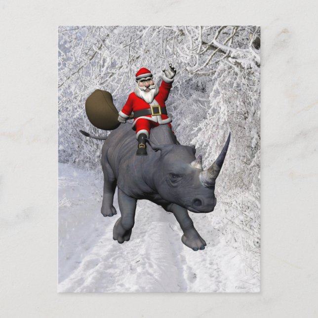 Happy Santa Claus On Rhino Rhinoceros Holiday Postcard (Front)