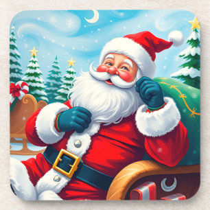 Happy Santa Claus Relaxing in Festive Sleigh Coaster