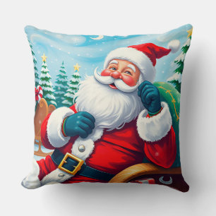 Happy Santa Claus Relaxing in Festive Sleigh Cushion