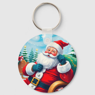 Happy Santa Claus Relaxing in Festive Sleigh Key Ring